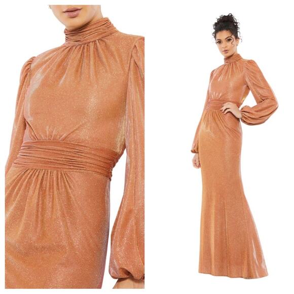 NWT IEENA for MAC DUGGAL 11248 Rust Draped Glitter High Neck Puff Sleeve Gown - Picture 1 of 12